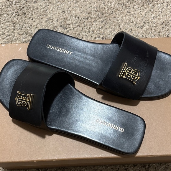 Burberry Black Slides with Gold Logo - Picture 14 of 16